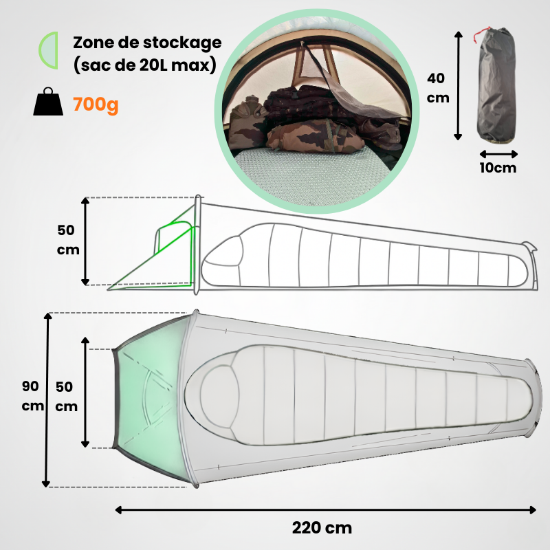 Tente sarcophage 1 place dimensions